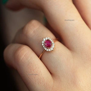 Ruby & Pave Outline Diamond Halo Band Ring In 14K Solid Yellow Gold Wedding Gift - Picture 1 of 8