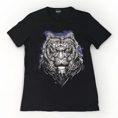NEW Just Cavalli Size Large Black Lion Tiger Print T Shirt Designer Graphic - Image 1 of 4