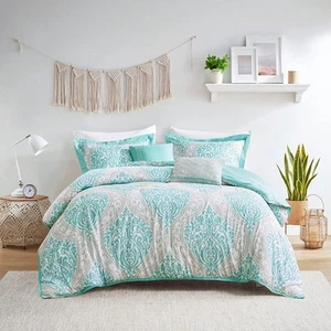 ID10-898 Senna Comforter Set King/Cal King Size - Aqua Blue/Gray, Damask – 5 ... - Picture 1 of 8
