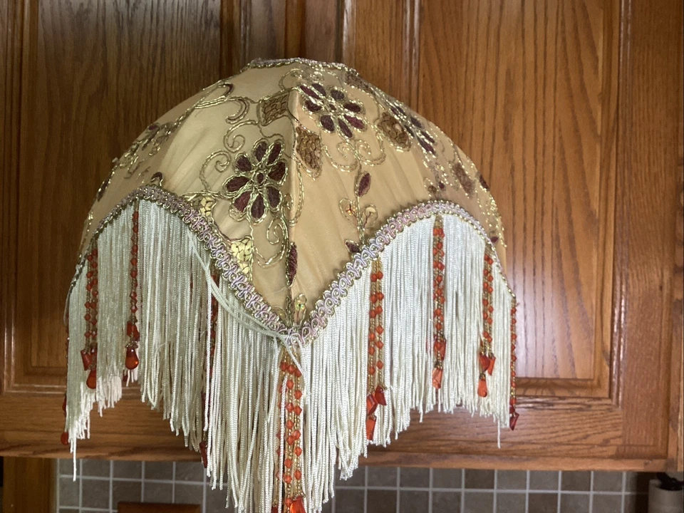 Victorian Downton Abbey Style Tan Fabric Fringe Tassels Lampshade-11” Diameter - Image 1 of 4