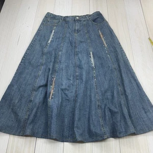 Quacker Factory Women Size Large Embroidered Embellished Blue Denim A-Line Skirt - Picture 1 of 7