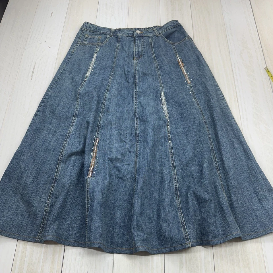 Quacker Factory Women Size Large Embroidered Embellished Blue Denim A-Line Skirt - Image 1 of 4