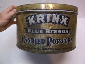 Vintage Krinx Blue Ribbon Candied Pop Corn Tin A.A. Walter & Co. Albany NY - Picture 1 of 19