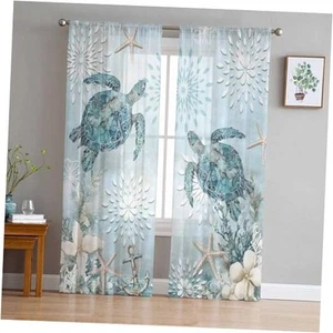 Teal Coastal Sheer Curtains 84 Inch Length 2 Panels for Living Room, Sea - Picture 1 of 8