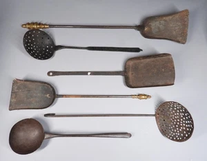 18-20thC. Wrought Iron Blacksmith Made Hearth Cooking Shovels Ladles Strainers - Picture 1 of 12