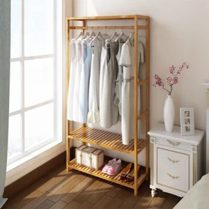 Abrigo de bambú soporte estantes para ruedas prendas ropa colgante sala de estar dormitorio - Imagen 1 de 12