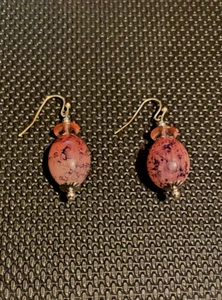 Pink with Black Marbling Stone Dangly Drop Earrings Silver Tone Hook Wire - Picture 1 of 4