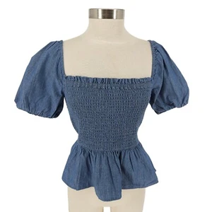 J.CREW Peplum Top Chambray Squareneck Smocked Puff Short Sleeve Shirt NWT Small - Picture 1 of 8