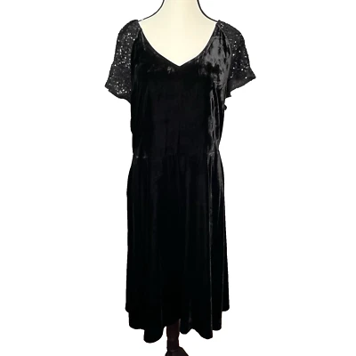 NWT Talbots Festive Black Velvet Sequin Sleeves V-Neck Midi Dress 14P Holidays - Image 1 of 4