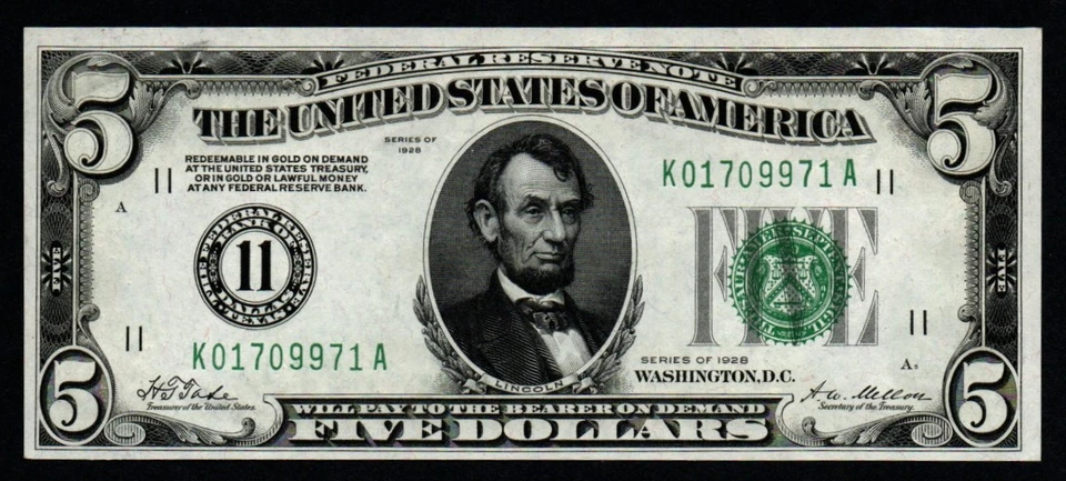 BETTER DALLAS NUMERIC GOLD DEMAND 1928 $5 GEM UNC Federal Reserve Note! - Image 1 of 2