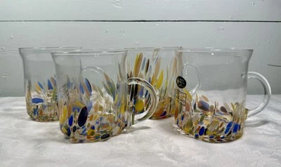 4 Murano Style White Crystal Confetti Studio Art Glass Mug Hand Blown Italy New - Image 1 of 4