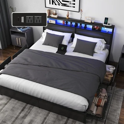 Marco de cama LED tamaño completo King Queen con cabecero de almacenamiento y 4 cajones y carga Foto 1 de 4