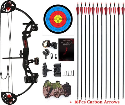 Kit de arco composto profissional 15-29 lb mão direita +16 peças flecha de carbono arco e flecha caça - Imagem 1 de 4