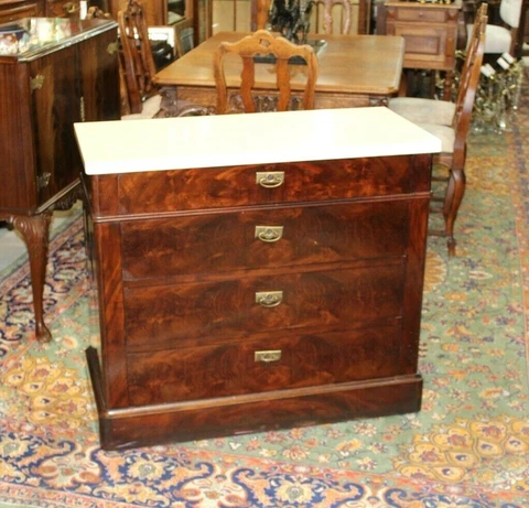 French Antique Flamed Mahogany Louis Phillipe Marble Top Chest of Drawers Cover