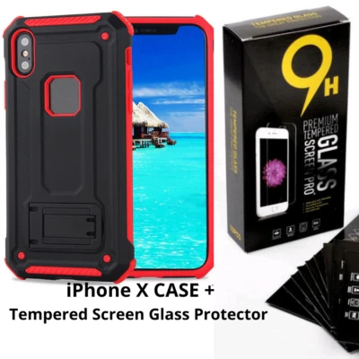 Hybrid Kickstand Heavy Duty iPhone X Cover CASE free Tempered Screen Protector - image 1 of 4