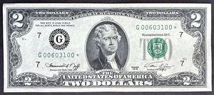 US 1976 Series $2 Star Note Low S/N # G 00603100* Chicago Uncirculated - Picture 1 of 2