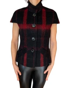 WOMEN'S BASLER BLACK RED PLAID WOOL ANGORA MOHAIR CAP SLEEVE JACKET 38 M - Picture 1 of 12