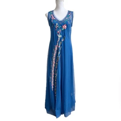 Maxi Vestido Johnny Was Nuevo con Etiquetas Mazzy Bias Talla S Azul Bordado Cuello en V Sin Mangas Foto 1 de 4