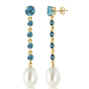 10 Carat 14K Solid Yellow Gold Chandelier Blue Topaz & Pearl Gemstone Earrings - Picture 1 of 3