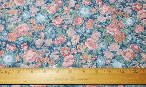 Vintage Pink Blue Floral Cotton Fabric 2 Yards Unbranded 1980's-90's