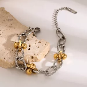 Woman 18K Gold Plated Stainless Steel Beaded Thick Paper Clip Bracelet 9.3 in - Picture 1 of 3