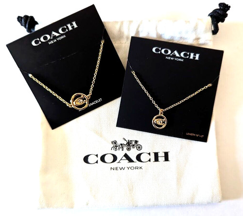 Set Collana e Braccialetto Slider Cristallo Oro Giallo Firma COACH Nuovo con Etichette $125+$75