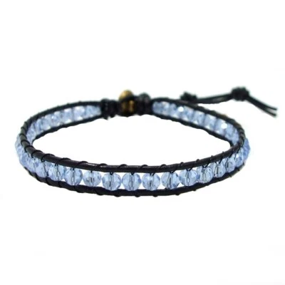 Blue Crystal Leather Bracelet Sparkling Ohm Medallion Handmade Boho Jewelry - Image 1 of 3