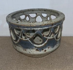 Studio Art Handmade Pottery BOWL with cut outs ~ speckle Signed PM 1978 blue tan - Picture 1 of 4