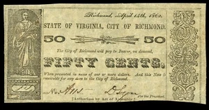 Richmond Virginia City of Richmond 50 Cents Apr. 14, 1862 Civil War Note - Picture 1 of 3