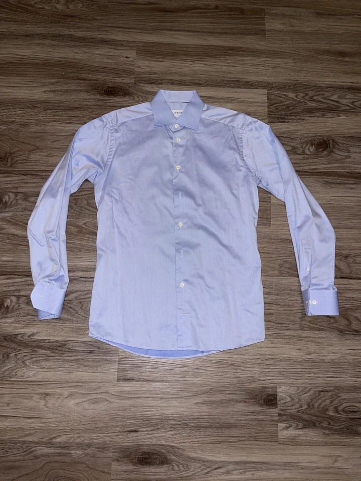 Eton Dress Shirt Mens 39 15.5 Light Blue Slim Fit Twill French Cuff Long Sleeve - Image 1 of 4