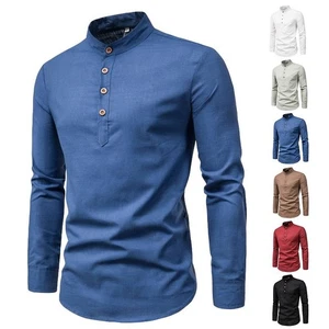Algodón Lino Venta Caliente Camisas Para Hombre Manga Larga Verano Color Sólido Stand-up Coll - Imagen 1 de 19