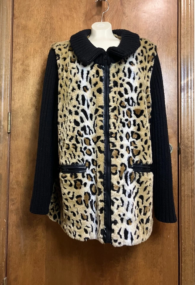 Abrigo suéter DENNIS BASSO imitación piel de leopardo, cremallera, con bolsillos con cremallera - talla 1X Foto 1 de 4