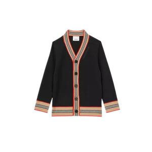 (Kids) Burberry Icon Stripe Trim Wool Cardigan Black - Picture 1 of 2