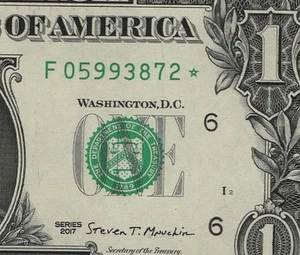 2017 $1 FDR STAR NOTE REPLACEMENT NOTE *** F05993872* CH UNCIRCULATED 2 of 5 - Picture 1 of 3