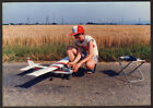 Kid boy looking airplane model N8712D toy outside old photo 11x9 cm   # 41311