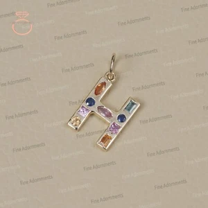 Colgante inicial H de piedras preciosas de zafiro natural con dije de letras H de oro macizo de 14k - Imagen 1 de 9