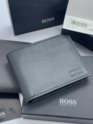 NEW HUGO BOSS MEN AREZZO TRIFOLD BLACK LEATHER WALLET WITH COIN POCKET - Image 1 of 4