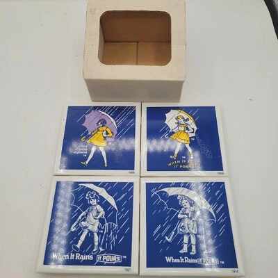 Set of 4 Vintage Morton Salt "When It Rains It Pours" Tiles Trivets Coasters NIB - Image 1 of 3