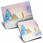 Mouse Mat & Coaster Set - Winter Squirrel Snowy Log Cabin House  #16732