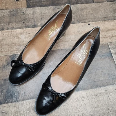 Vintage 50s 60s Julianelli Womens 9 Shoes Black Chunky Heel Bow Oxford Leather - Image 1 of 4