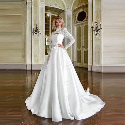 Luxury Wedding Dresses A Line Woman Satin High Neck Lace Bride Gowns Long Sleeve - Image 1 of 4