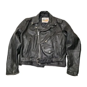 Vintage 70s Black Leather Excelled Motorcycle Jacket Size 42 M* Belt Distressed - Bild 1 von 15