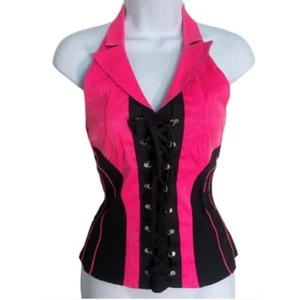 Tripp NYC Halter Corset Pink Black Tie Up Front Pull Zips Back Medium - Picture 1 of 7