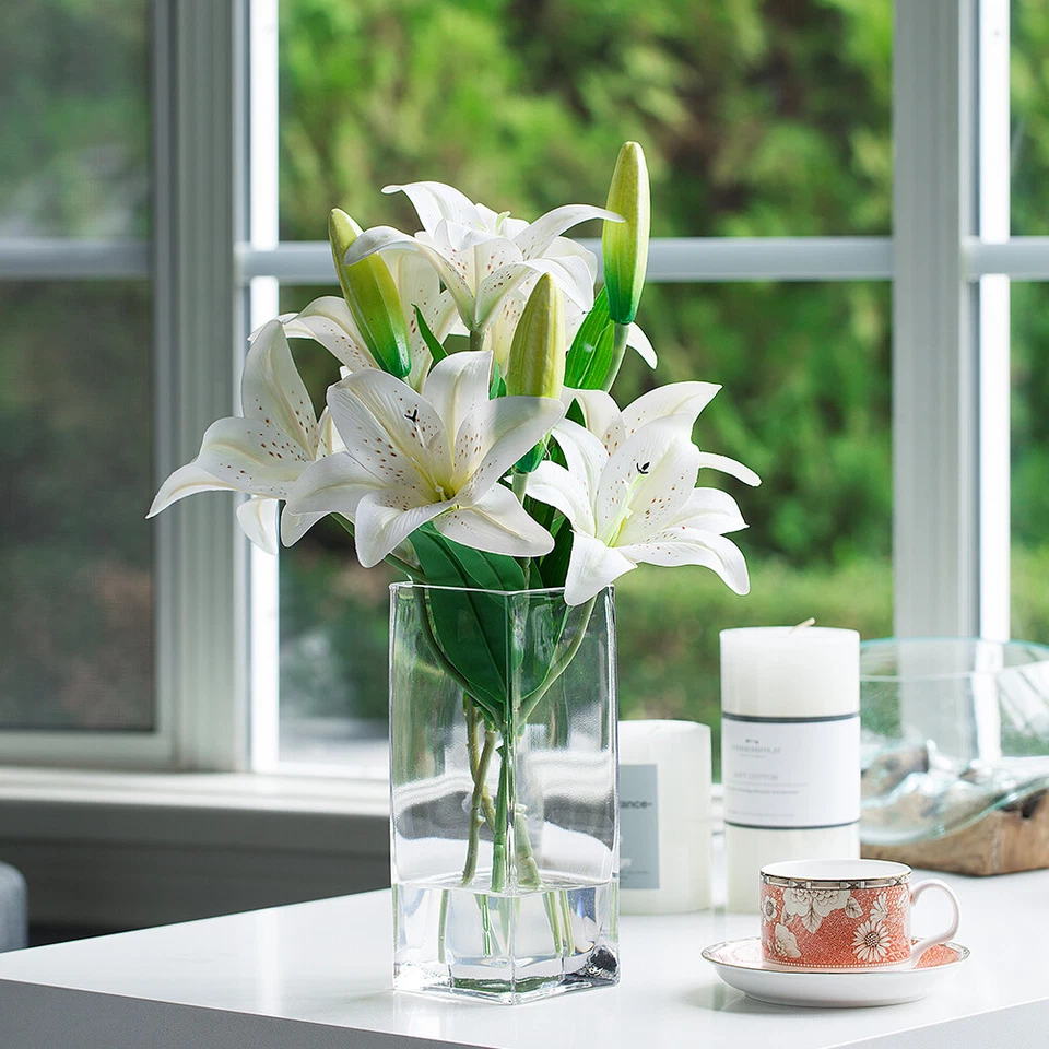 人造真实触摸老虎百合花透明玻璃花瓶带人造水 — 第 1/4 张图片