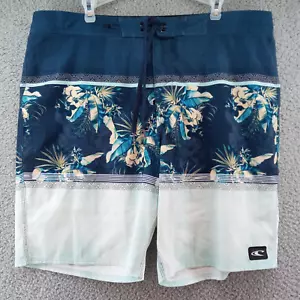O'neill Board Shorts Mens Size 38 Blue White Hawaiian Floral Surf Swim Trunks - Picture 1 of 9