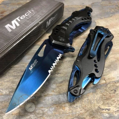 Navaja de bolsillo plegable asistida por resorte táctica de rescate medio dentada MTech [azul] Foto 1 de 4