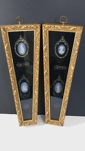 Vintage Gold Paint Wedgwood Style Blue White Cameo Trapezoid Wall Frames - Picture 1 of 10