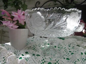VINTAGE ROSE MILLER GESCHLIFFENES GLAS 80er SOCKEL KRISTALL FLORAL KOMPOTT SCHALE - GROSS - Bild 1 von 23