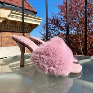 New Free People Jeffrey Campbell Utopic Faux Fur Heels Mules Sandals in Pink 7 - Picture 1 of 10