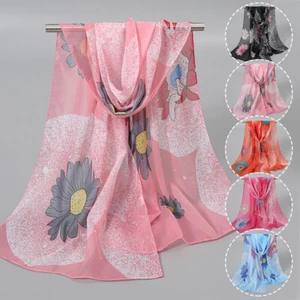 Women Daisy Floral Chiffon Scarf Beach Summer Cover-ups Hijab Scarf Shawl Soft - Picture 1 of 19